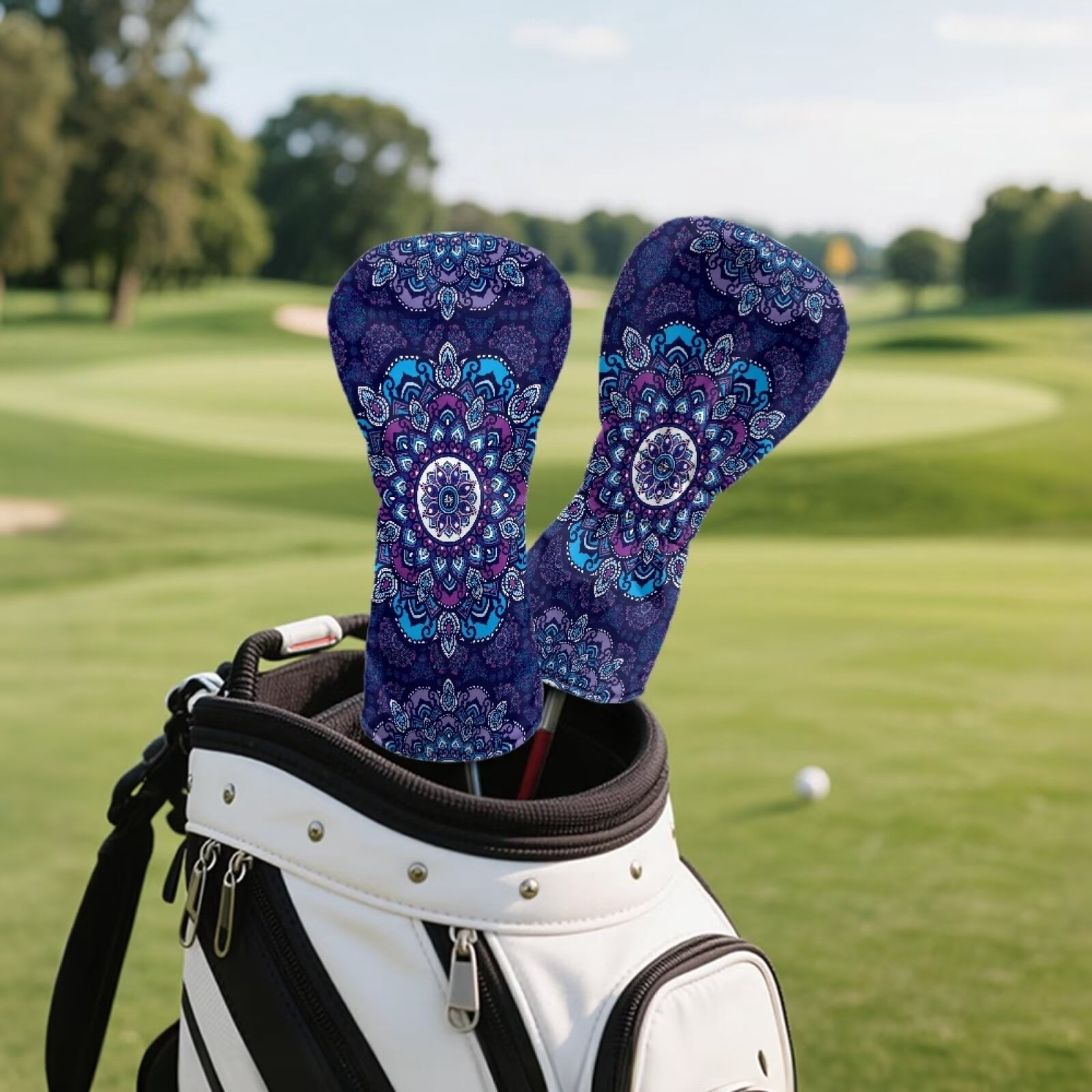 Uorisanigo Golf Club Head Covers for Drivers Fairway Woods Hybrids - Premium PU Leather Purple Boho Mandala Floral Golf Club Headcovers - 3 Piece Set for Men and Women