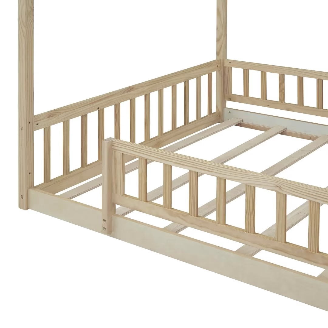 Full Size Montessori Bed for Kids, Wood Floor Bed Frame, House Bed Frame with Fence & Roof, Solid Wood Playhouse Bed for Girls Boys Teens, Natural