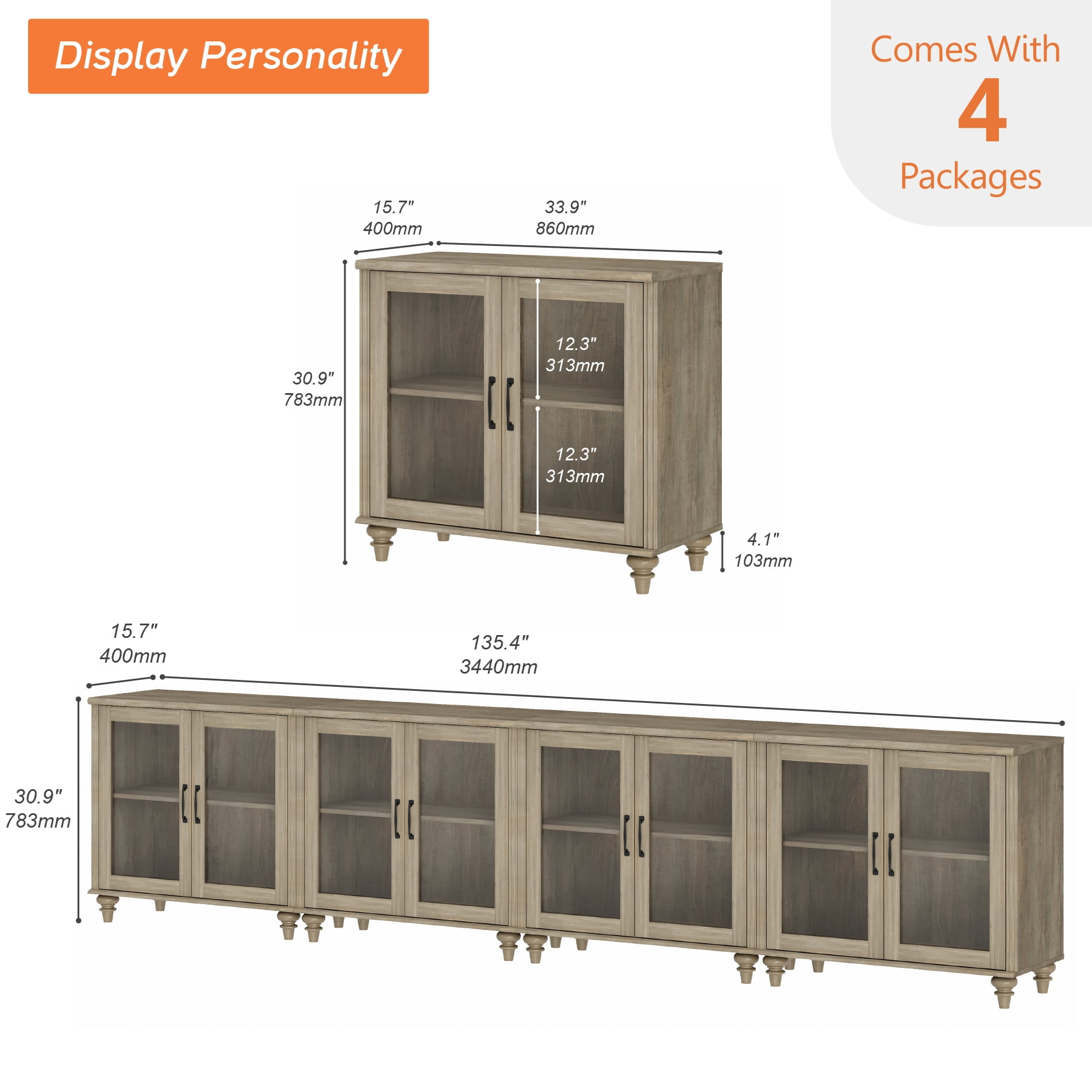 4-in-1 TV Stand, Wood Console Table Storage Cabinet for Living Room, Kitchen Sideboard Buffet Cabinet With Glass Door for Dining Room, Wash Grey