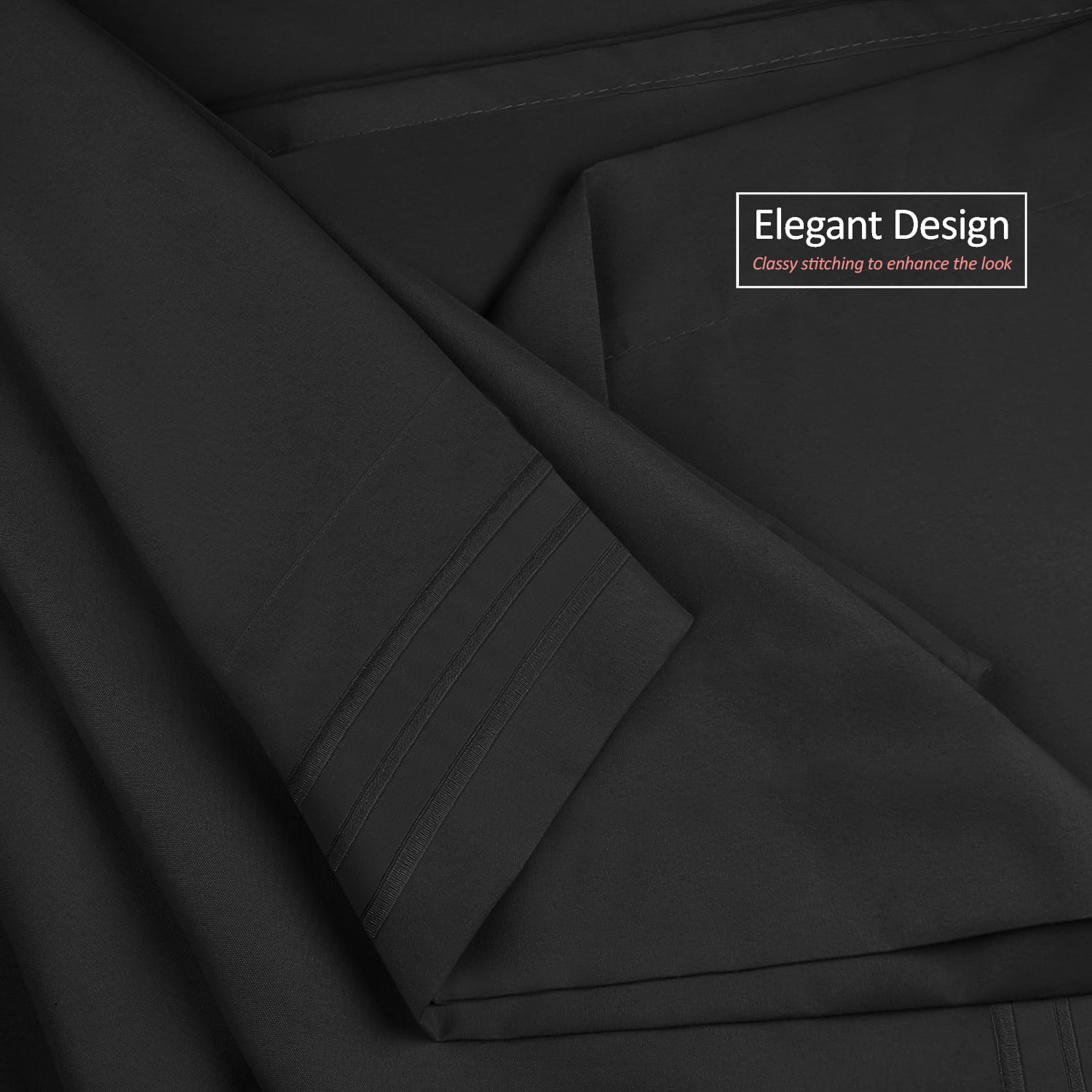 Clara Clark Premier 1800 Microfiber Collection 3-Line Bed Sheet Set, Full Size, Black