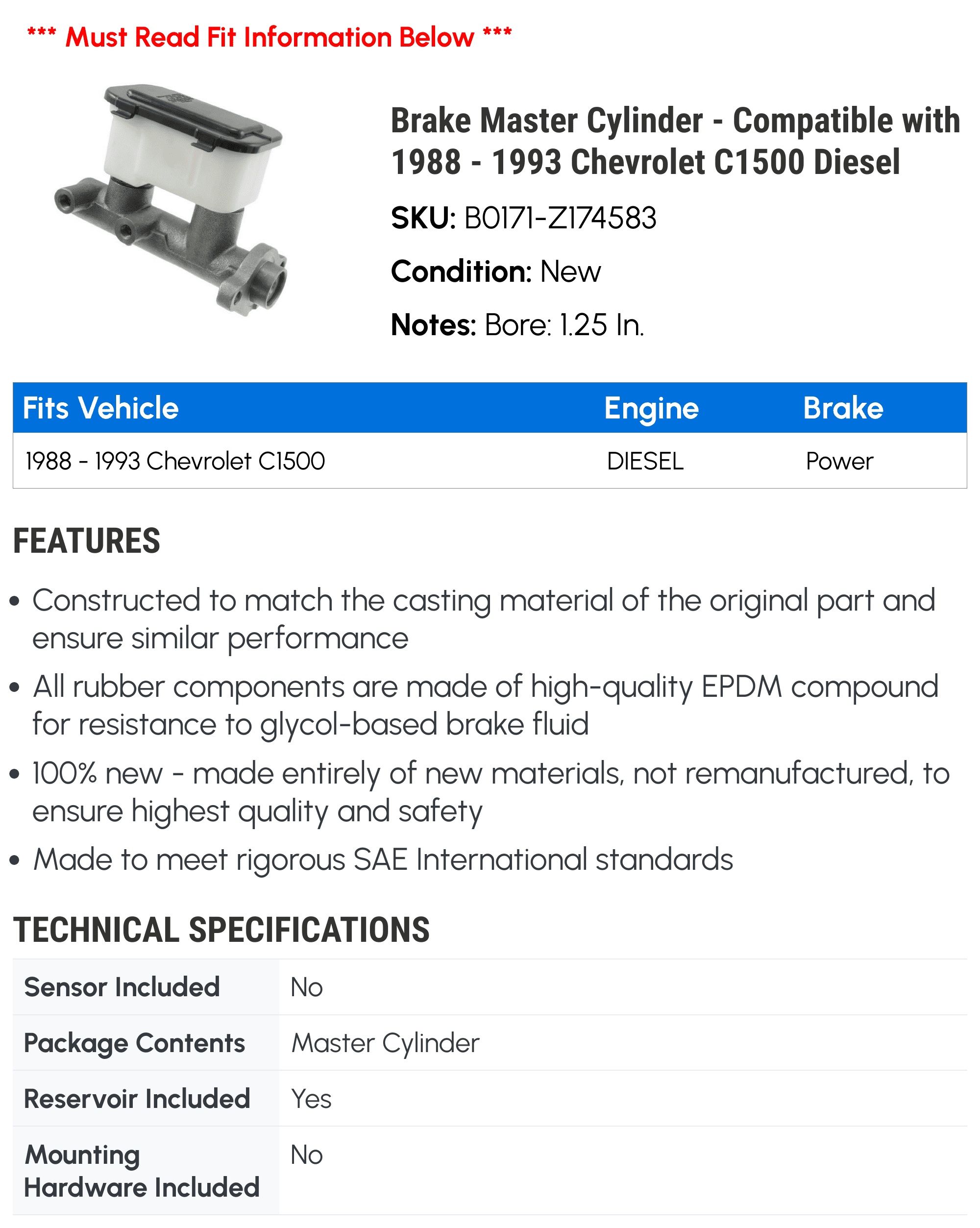 Brake Master Cylinder - Compatible with 1988 - 1993 Chevy C1500 Diesel 1989 1990 1991 1992