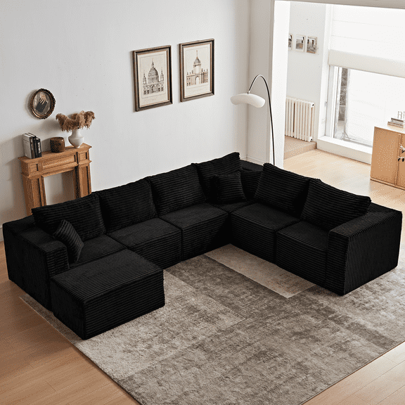 Cozylore 128.3" Oversized Modular Sectional Sofa 7 Seater U Shaped Upholstered Couches Cloud Couch with Deep Seat for Living Room, No Assembly Required, Black