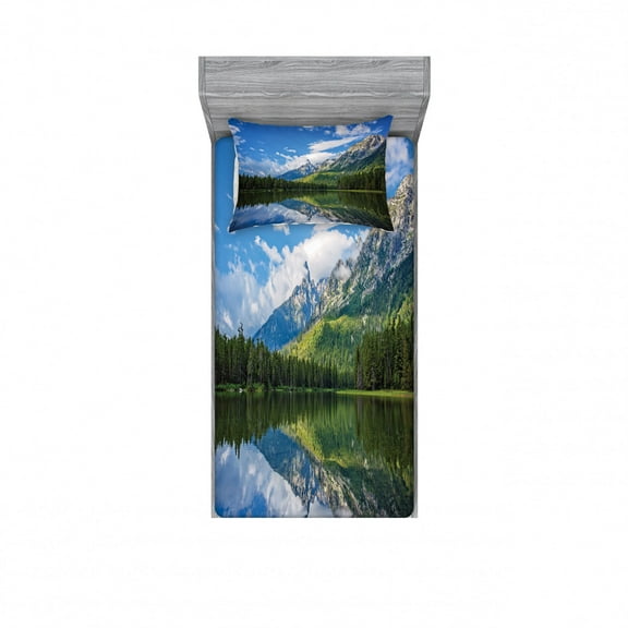 Ambesonne Nature Fitted Sheet & Pillow Sham Set, Mountain Lake Scenery, Twin, Blue White Green