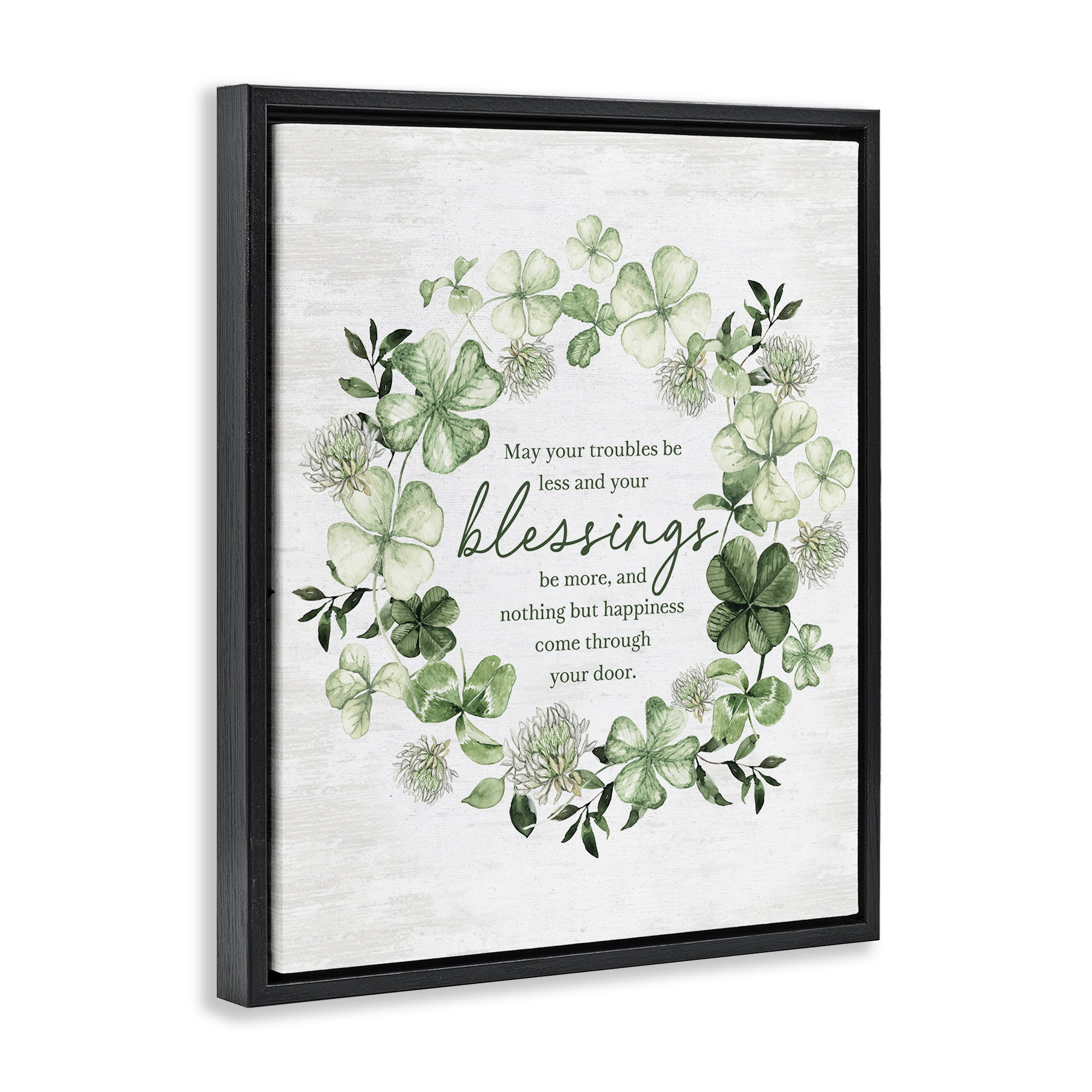 Stupell Industries Clover Wreath Blessing Botanical & Floral Painting Black Floater Framed Canvas Art Print Wall Art, 25 x 31