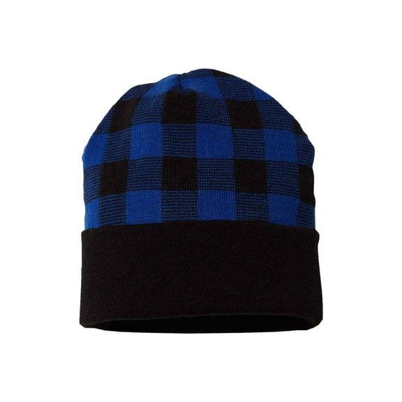 Plaid Knit with Cuff Beanie, Black / True Blue, One Size, 1 Piece