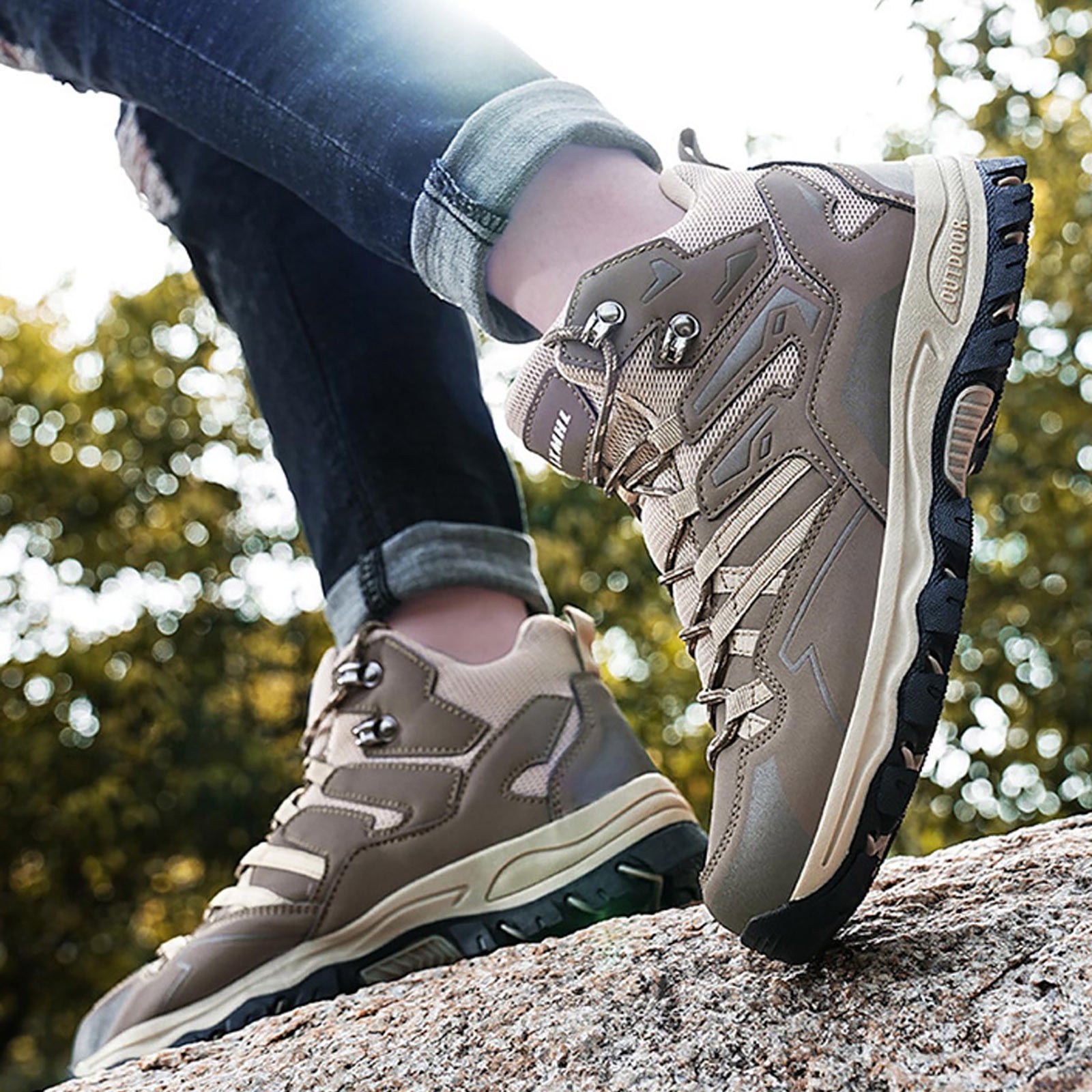 eczipvz Casual Sneakers for Men Ankle High Waterproof Hiking Boots Rubber Outdoor Lightweight Shoes Trekking Trails Mens Wide Sneakers (Brown,8.5)