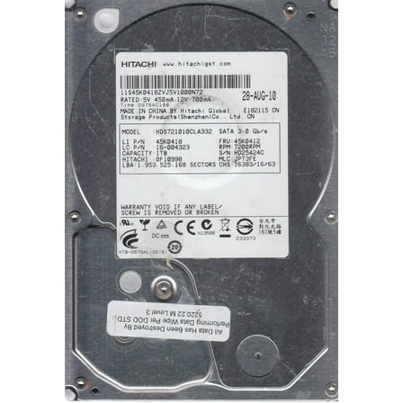 HDS721010CLA332, PN 0F10998, MLC JPT3FE, Hitachi 1TB SATA 3.5 Hard Drive