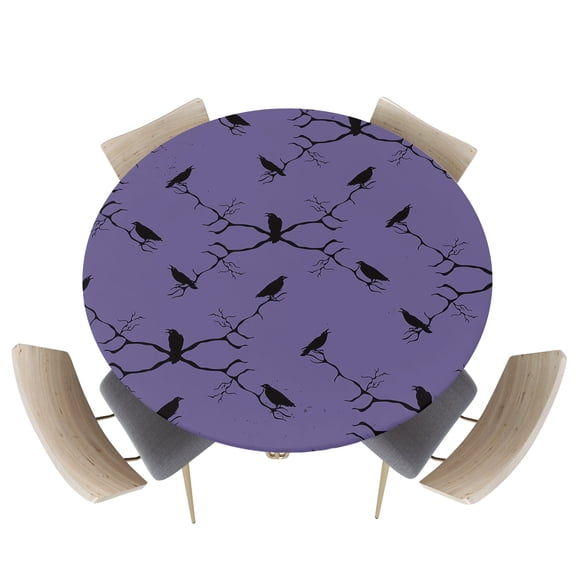 Round Fitted Tablecloths with Elastic Edge Happy Halloween Black Crow Scary Shadow Seamless Waterproof Wipeable Table Cover for Kitchen Dining Party Decor Purple Back Table Clothes,36" - 44"