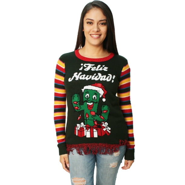 Ugly Christmas Sweater - Ugly Christmas Sweater Women&#039;s Feliz Navidad Cactus LED Light Up