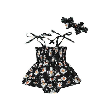 

jaweiw Newborn Girl Dress Style Romper Outfits Sleeveless Daisy Printed Pleated Tie-Up Sling Bodysuit + Cute Headband