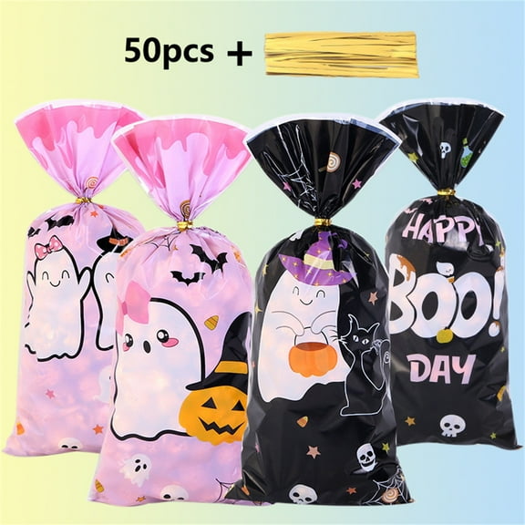 Halloween Wrap Cellophane Candy Bags, Resealable Treat Bags, Sturdy Cellophane Treat Bags Party Favor Bags Candy Cookie Bags, Plastic Goodie Storage Bags with Twist Ties for Halloween Party, 50 Pcs