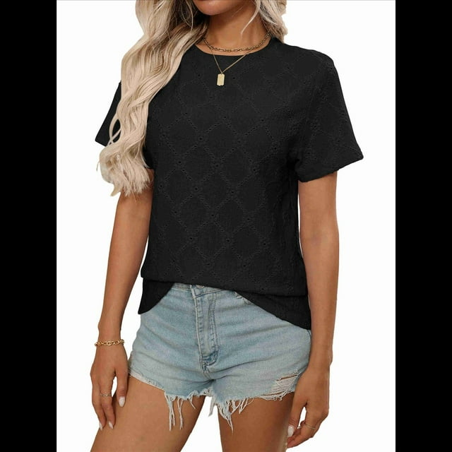 Blusa Informal de Corta con Cuello Redondo, Ojales Bordados y Aberturas para Mujer, Color Negro, Talla L