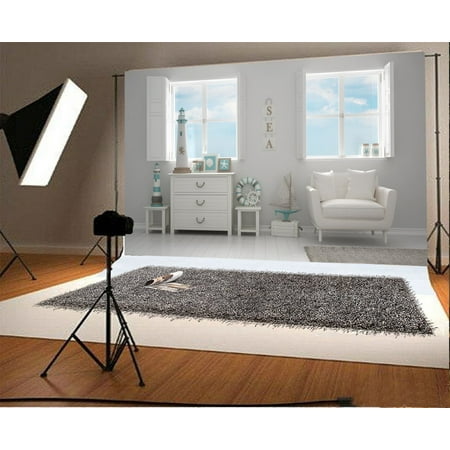 MOHome Polyester 7x5ft Photography Backdrop Sailing Room Sea Life Buoy Sofa Cabinet Sailboat White Window Carpet Rustic Wood Blue Sky White Cloud Interior Photo Background Children Baby