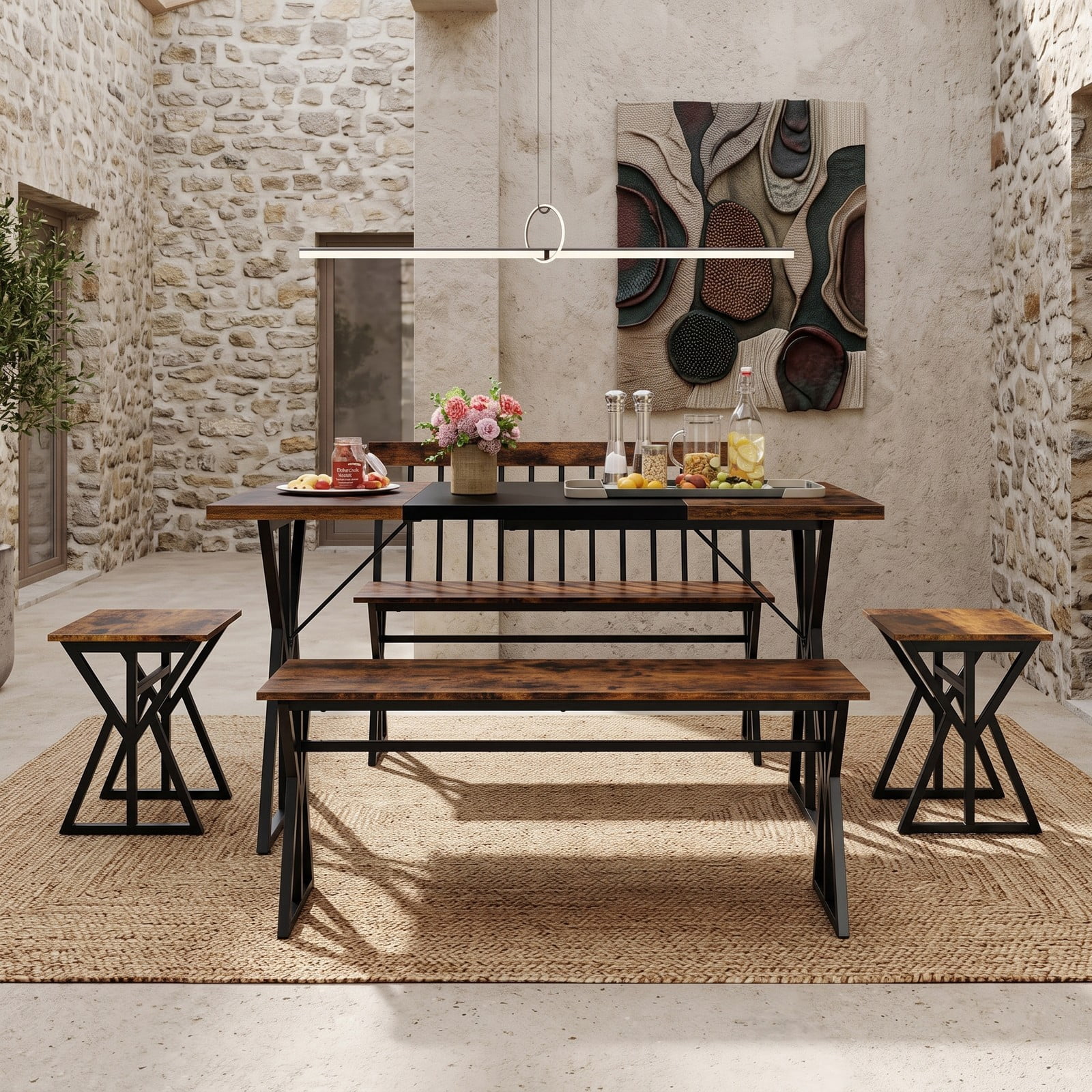 Furnibear 5 Piece Industrial Dining Set with Rectangular Table 2 Benches and 2 Stools for Kitchen Dining Room and Small Apartments, Rustic Brown