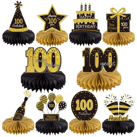Gexolenu 10 Piezas 100 Centros De Mesa De Panal De Cumpleaños Oro Negro Saludos A 100 Años Centros De Mesa De Cumpleaños Adornos De Mesa Para Hombres Mujeres Cien Cumpleaños Suministros De Decoracione