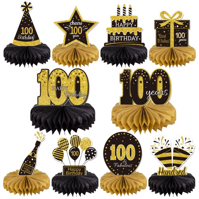 Gexolenu 10 Piezas 100 Centros De Mesa De Panal De Cumpleaños Oro Negro Saludos A 100 Años Centros De Mesa De Cumpleaños Adornos De Mesa Para Hombres Mujeres Cien Cumpleaños Suministros De Decoracione