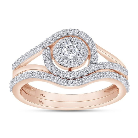 AFFY 0.60CT Moissanite Diamond Double Halo Split Shank Swirl Engagement Ring Set Bridal for Women in 18K Rose Gold over Silver-4
