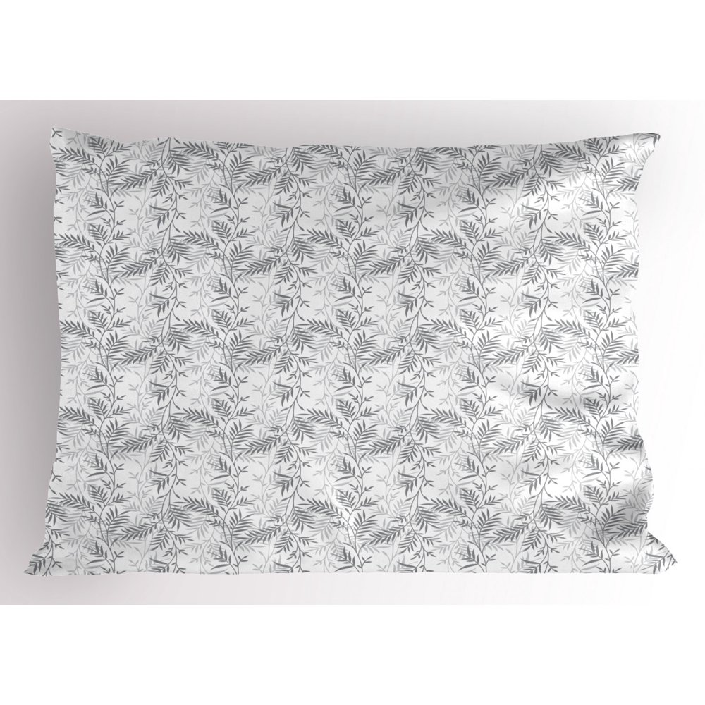 Grey and White Pillow Sham Monochrome Abstract Leaves Rural Field