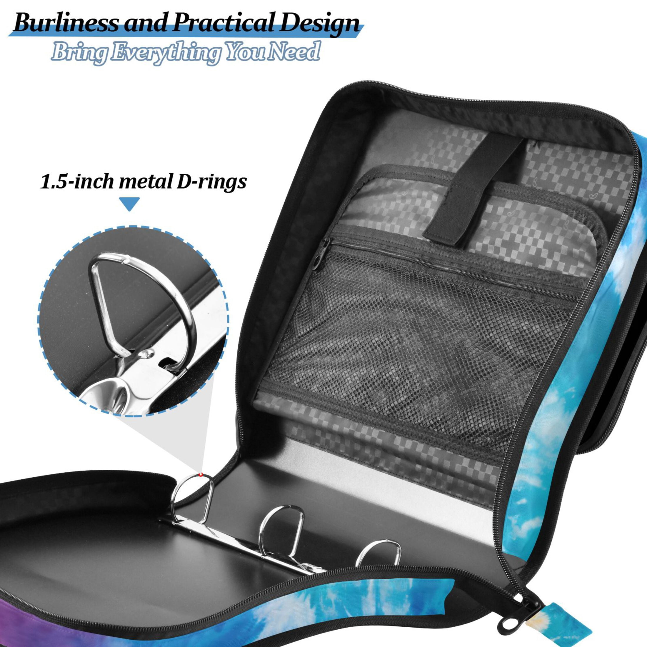 3 Ring Zipper Binder with Shoulder Strap Waterproof Trapper Keeper 2 Inch D-Ring 500 Sheets Capacity Blue Purple Yellow Tie Dye