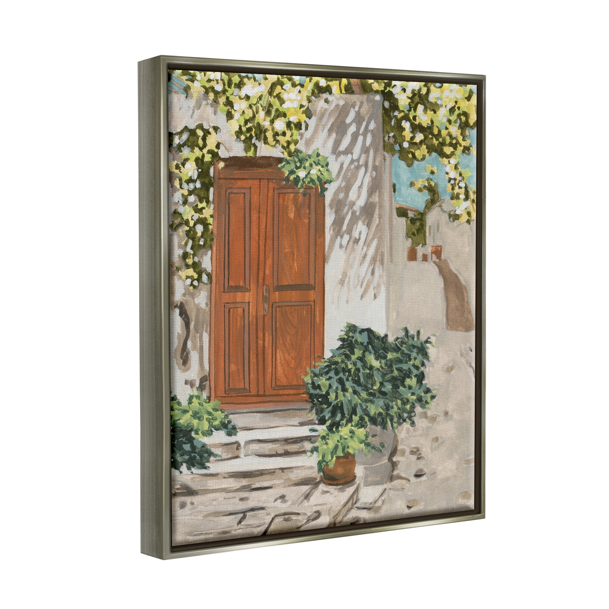 Stupell Industries Cottage Doorway Botanicals Travel & Places Painting Gray Floater Framed Canvas Art Print Wall Art, 25 x 31