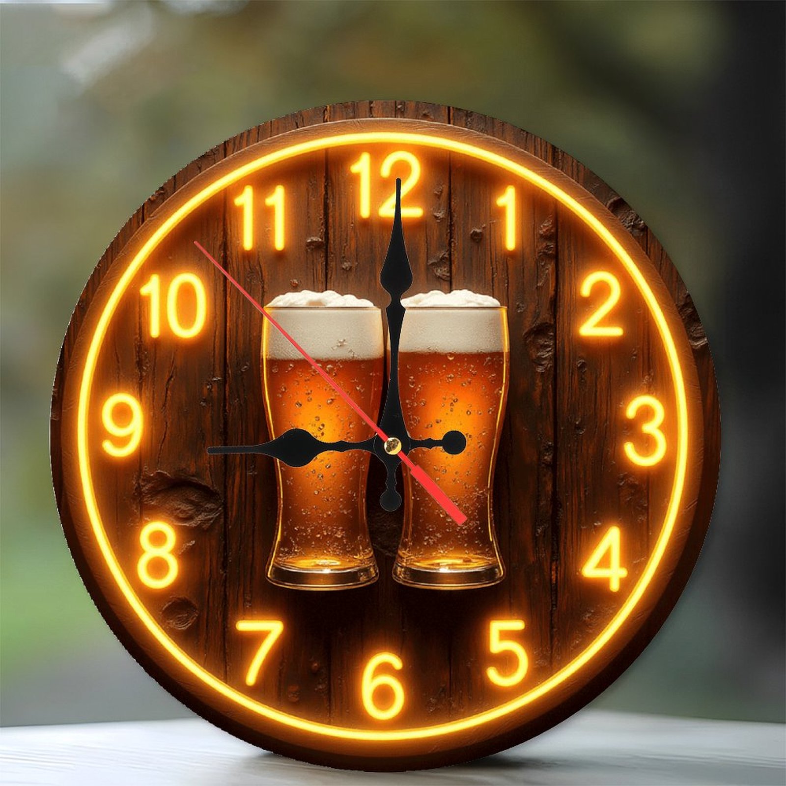 Stylish Beer Clock with Neon Lights And Glasses 10 Inch Silent Wooden Wall Clock, Battery Operated photo Stylish Beer Clock with Neon Lights And Glasses 10 Inch Silent Wooden Wall Clock, Battery Operated