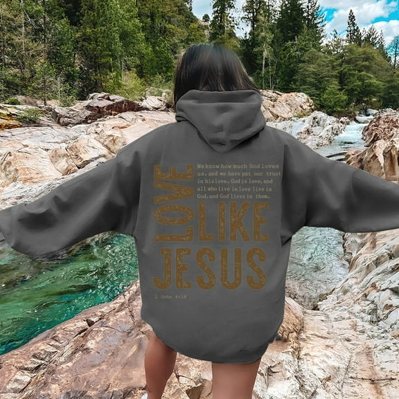 Christian Hoodies for Women Love Like Jesus Sweatshirt Printed Drawstring Hoodies for Teens (Dark Gray L)
