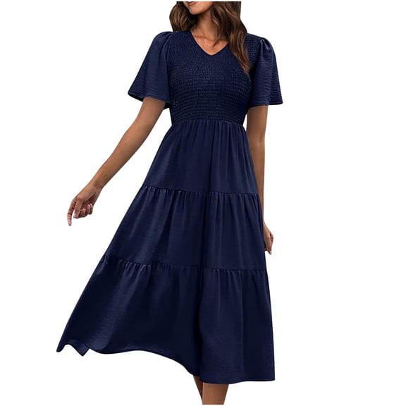 QUYUON Womens 2023 Summer Dress V Neck Short Sleeve Ruffle Hem A-Line Bohemian Midi Dresses Vintage Cocktail Dresses for Women Evening Party Wedding Guest Dress Style D-7809 Navy XL