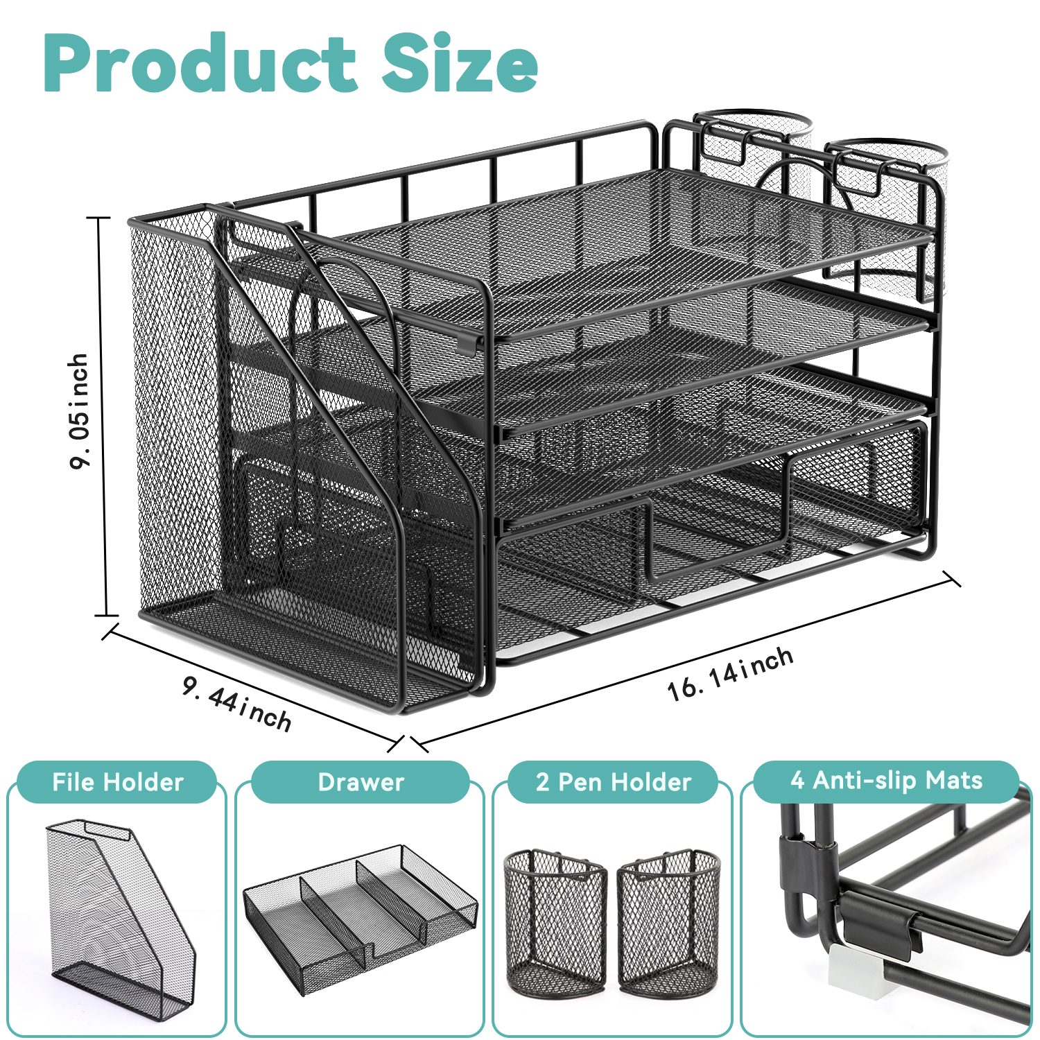 Desk Organizer and Accessories, 4-Tier Desktop File Organizer with Drawer and 2 Pen Holders, Office Desk Accessories & Workspace Organizers (Black)