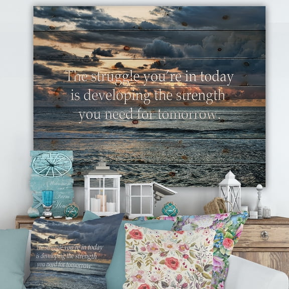Designart 'Inspirational Quote and Ocean' Nautical & Coastal Print on Natural Pine Wood