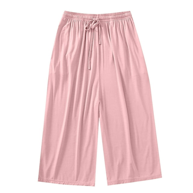 Women's Summer Casual Solid Elastic Waist Wide Leg Pants with Drawstring and Pockets