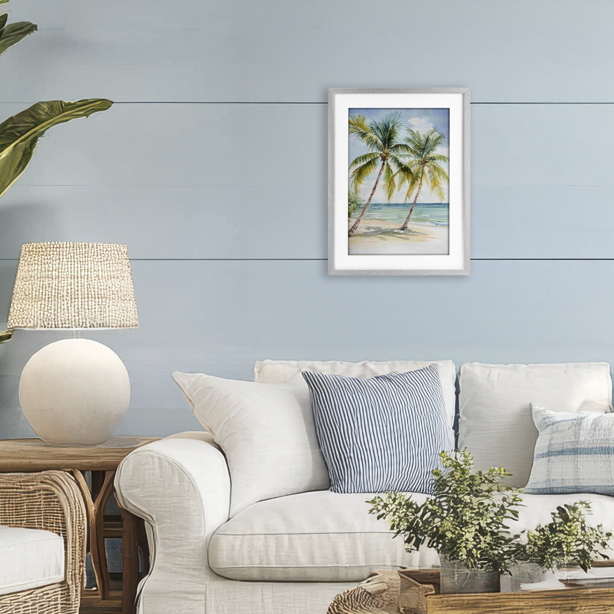 Stupell Industries Shady Palm Beach Escape Gray Framed Print Under Glass, design by Petal Prints Design