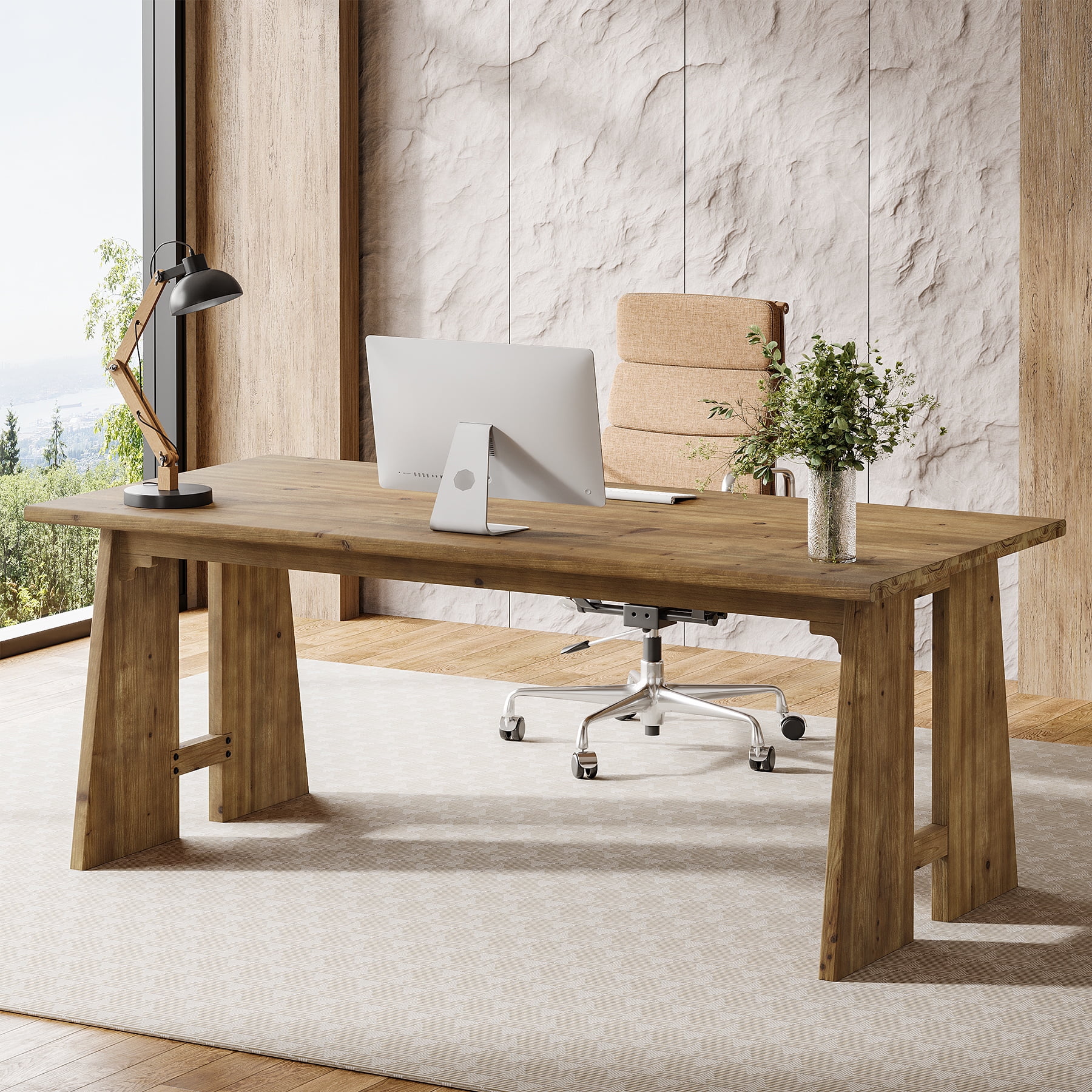 Finmind Solid Wood Executive Desk, 70.9-inch Long Office Computer Desk with Sturdy Legs, Farmhouse Writing Table Large Workstation, Brown