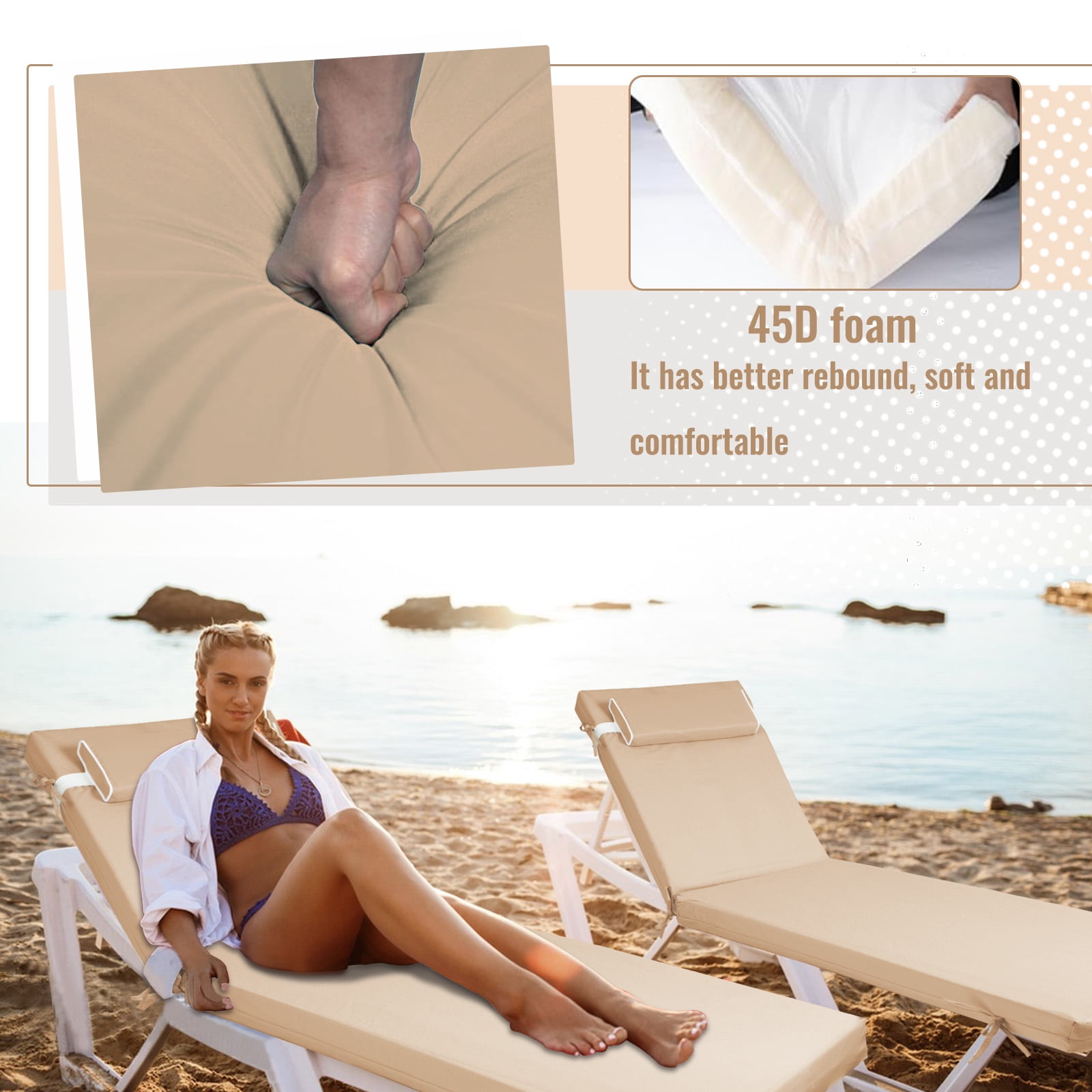 SDJPOI Outdoor Chaise Lounge Cushions,72×21×3in Patio Chair Cushion for Pool Beach（Beige,4pc）