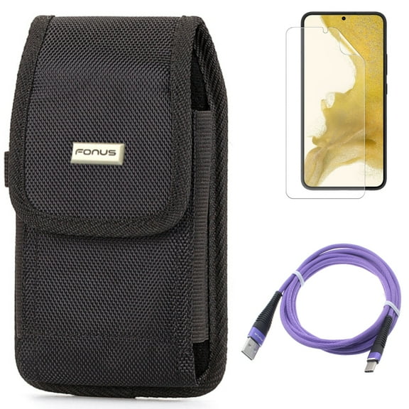 Case Belt Clip & Matte Screen Protector & 6ft USB Cable for Samsung Galaxy S22 (6.1") - Rugged Holster & TPU Film Anti-Glare & Purple Type-C Accessory Bundle