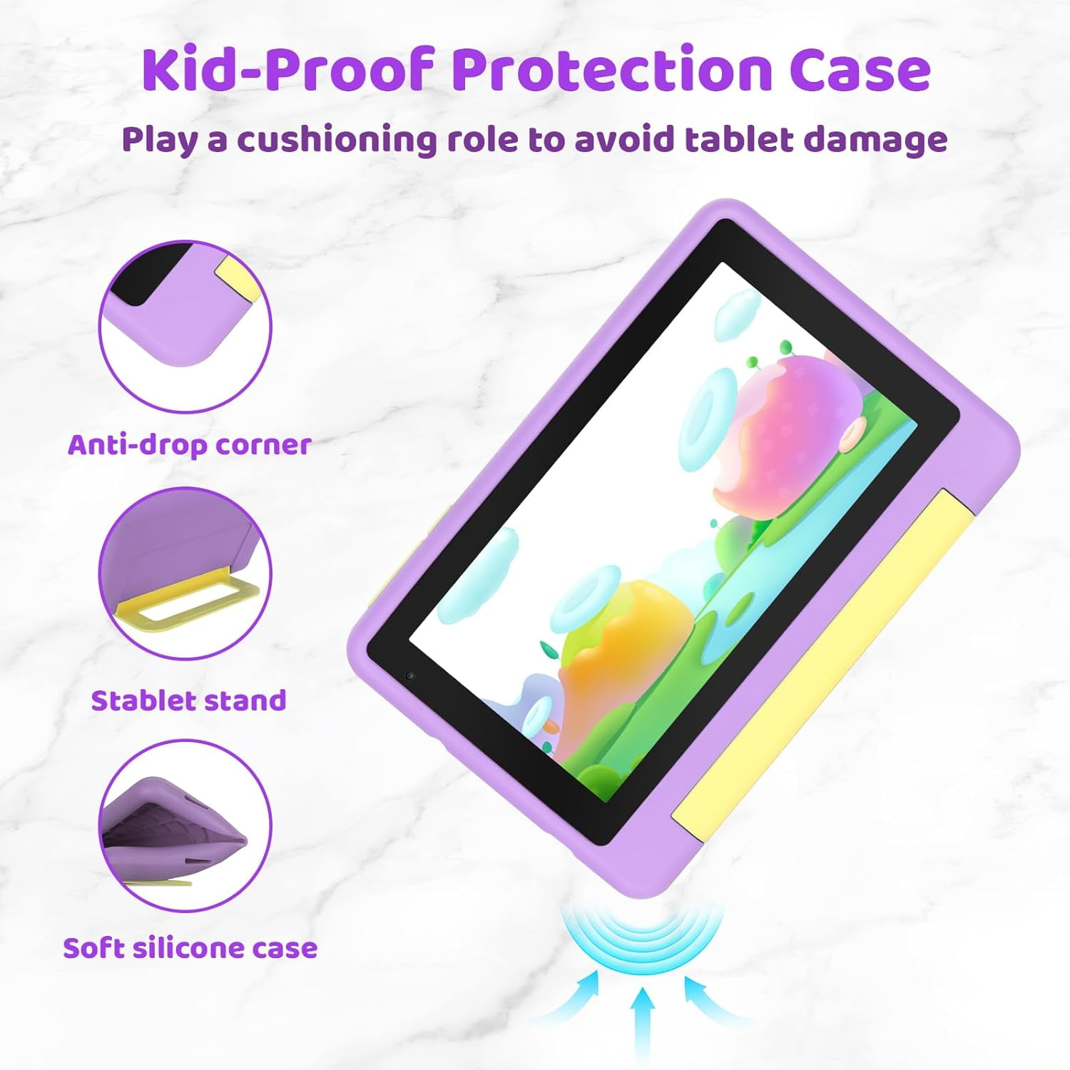 Kids Tablet 7 inch, Android 13 Tablet for Kids, 8GB RAM+64GB ROM (Expand to 128GB), Parental Control, Kids Software Pre-Installed, Dual Camera, Android Learning Tablet with Proof Case (Purple)