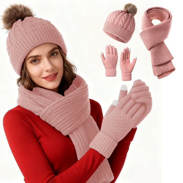 Solid Color Knitted Hat Three-piece Set For Winter Warm And Cold-proof Thick Outdoor Wool Hat Scarf Gloves Set