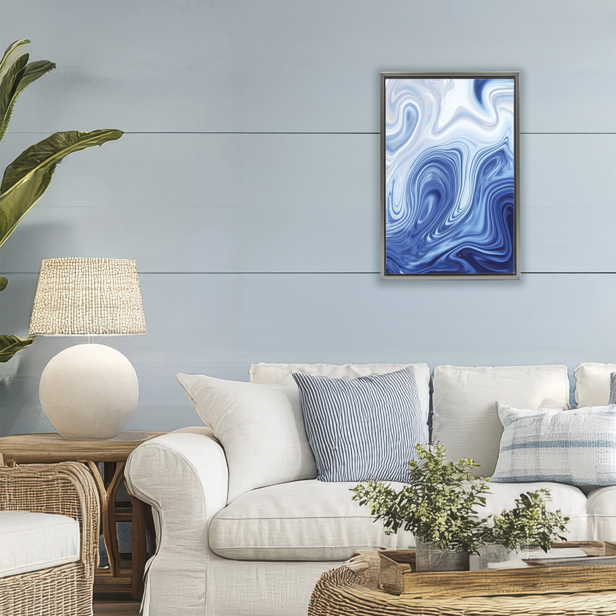 Stupell Industries Blue Marble Fluidity Gray Framed Floater Canvas Wall Art, design by Martina Pavlova