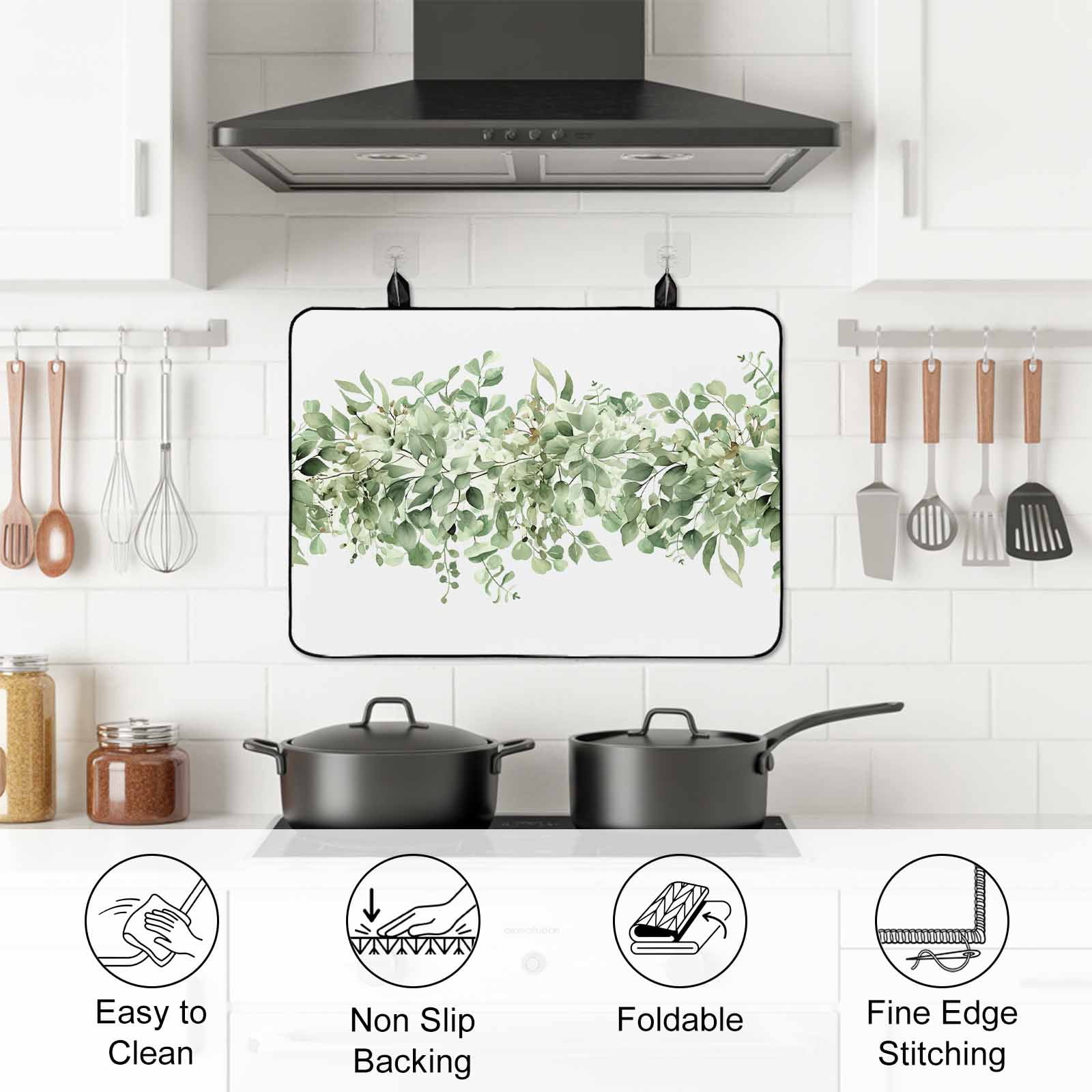 Sage Green Eucalyptus Leaves Stove Top Cover for Electric Stove, Heat-proof & Non Slip Glass Top Stove Cover Protector, Spring Summer Botanical Floral Kitchen Flat Cooktop Rubber Mat 28.5x20.5 Inches