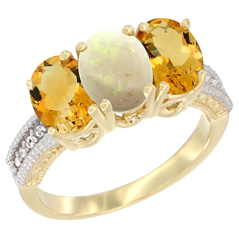 10K Yellow Gold Diamond Natural Opal & Citrine Ring 3-Stone 7x5 mm Oval, sizes 5 10 by WorldJewels