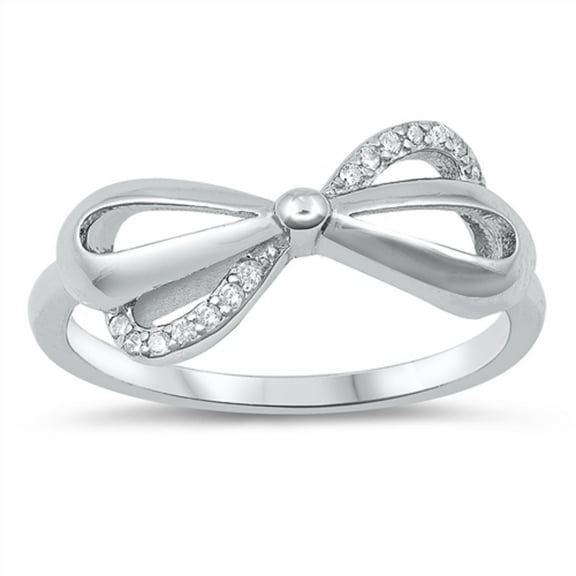 Clear Cubic Zirconia Double Ribbon Bow Ring Sterling Silver Size 6