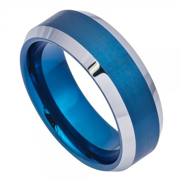 8mm Tungsten Blue IP Brushed Center High Polish Beveled Edge Wedding Band Ring For Men Or Ladies