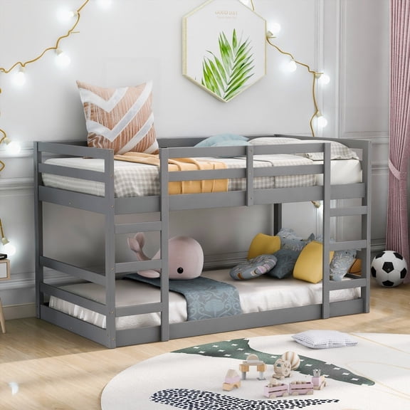 Twin Over Twin Bunk Bed with Gray Ladder - Solid Construction for Extra Safety