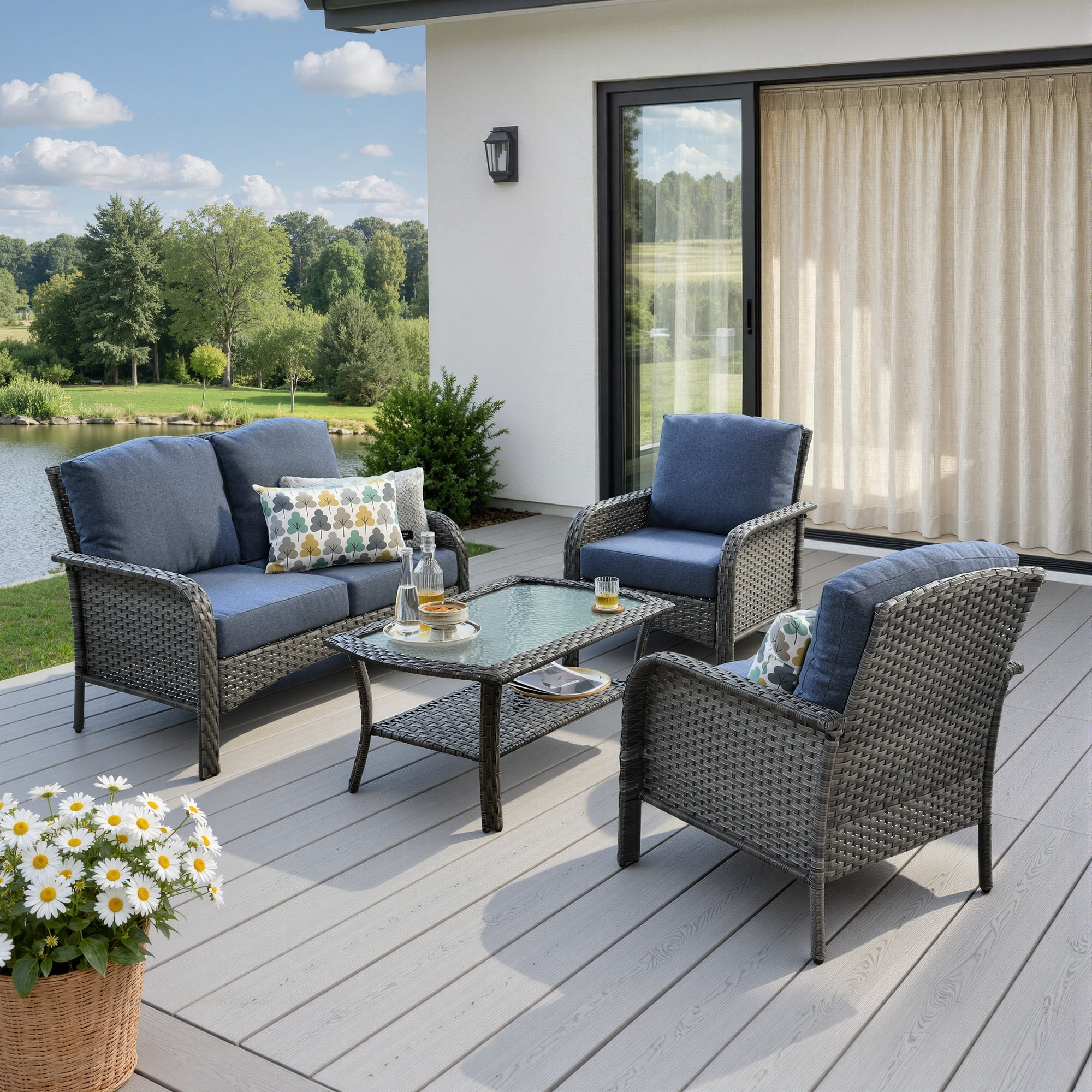 Toject 4-Piece Wicker Patio Conversation Set with Loveseat Chairs & Coffee Table High Back All-Weather Rattan for Backyard Porch Denim Blue