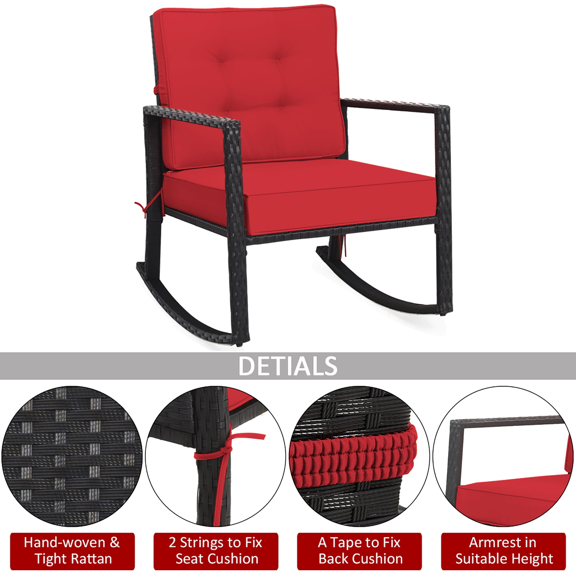 Costway Patio Rattan Rocker Chair Outdoor Glider Wicker Rocking Chair Cushion Lawn Red