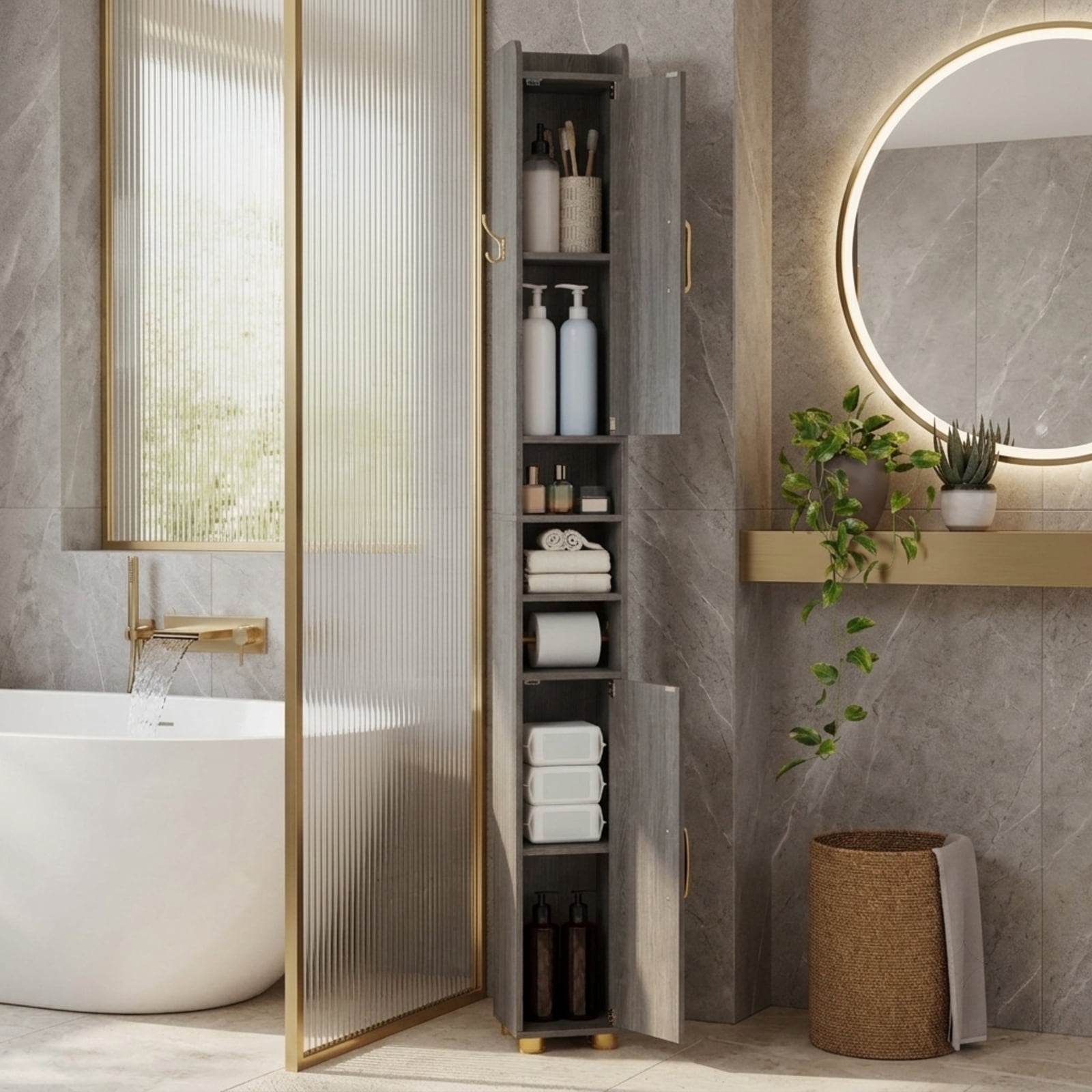 Vebreda Narrow Bathroom Storage Cabinet, Tall Freestanding Slim Tower with 2 Closed Cabinets, Open Shelves and Toilet Paper Holder, Adjustable Shelves, Hook and Golden Handles, Gray