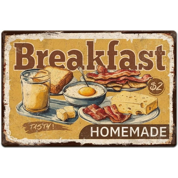 1pcs 1pc Vintage Metal Tin Signs 12x8 inch Retro Plaque Breakfast Signs Fried Egg Cheese Bacon Olive Metal Signs with 4 Pre-Drilled Holes for Kitchen Restaurant Cafe Pub Home Wall Decor