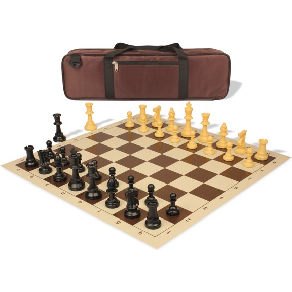 Standard Club Carry-All Double-Weighted Plastic Chess Set Black & Camel Pieces with Vinyl Rollup Board - Brown