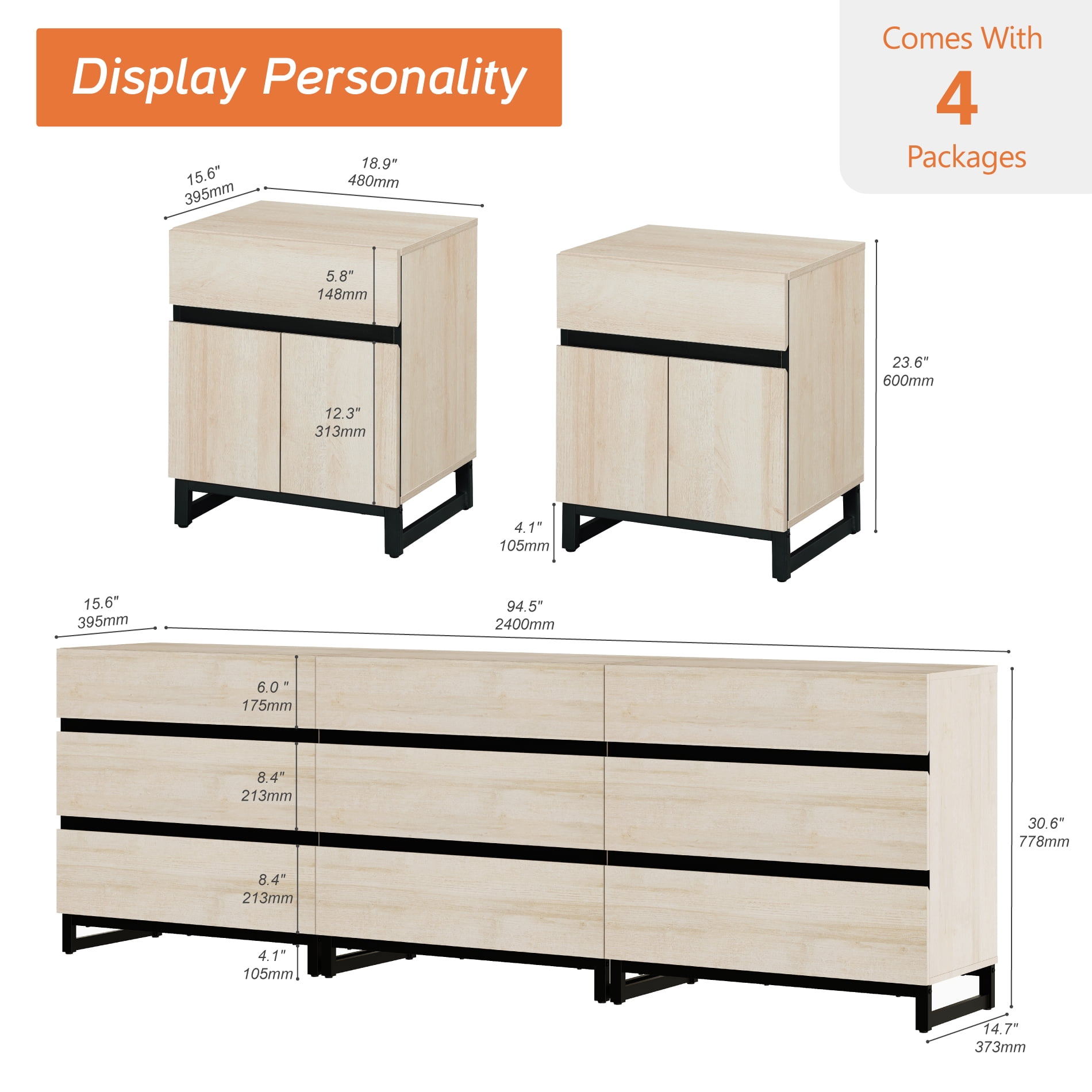 WAMPAT 4-Piece Dresser & Nightstand Set, 94.5 Inch 6-Drawer Dresser & 2 Nightstands with Drawer & Cabinet, Bedroom Furniture Collection