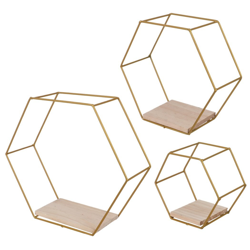 3Pcs Hexagon Floating Shelves with LED Light Strip, Modern Wall Mounted Metal Storage Shelves with Wooden Base, Wall Decor for Home Living Room Bedroom Bathroom