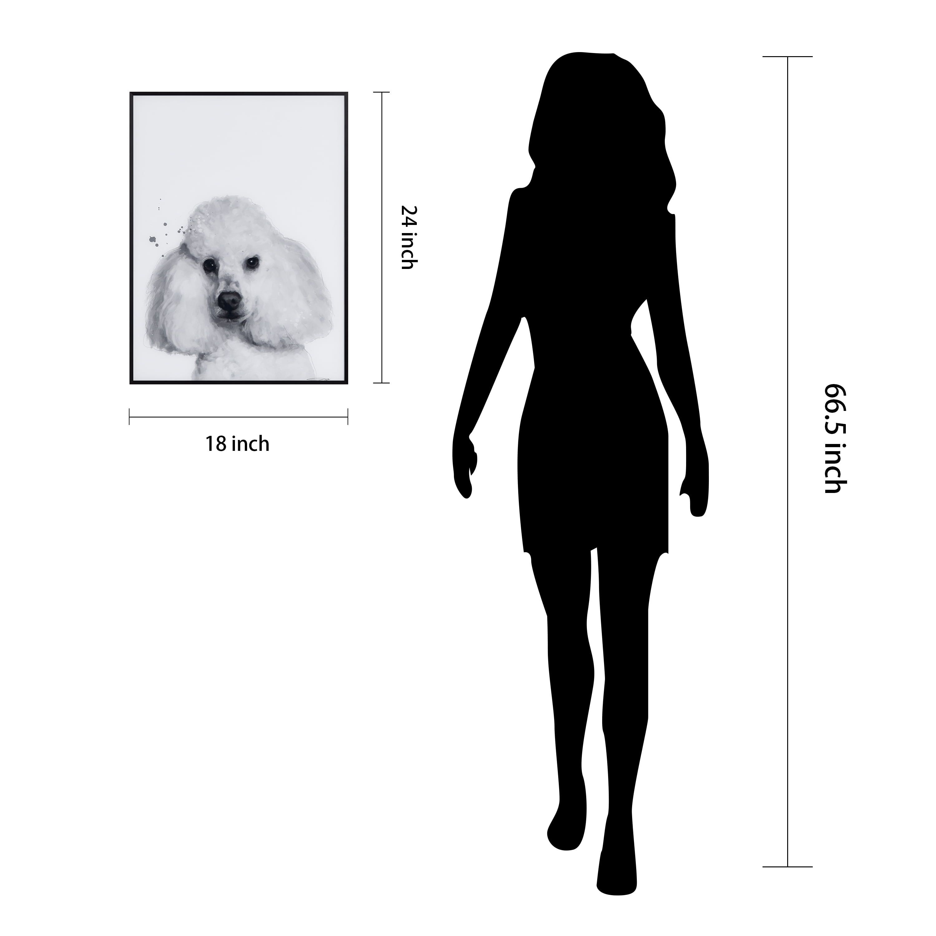 "Poodle" Black and White Pet Portraits on Reverse Printed Art Glass, Minimally Encased on Black Anodized Aluminum Frame